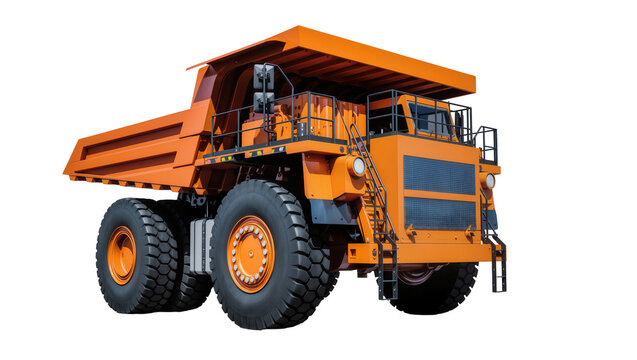 Massive orange mining dump truck with huge tires, isolated on transparent background
