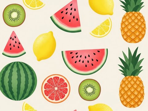 Assorted fresh fruits in pattern kiwi lemon watermelon pineapple grapefruit