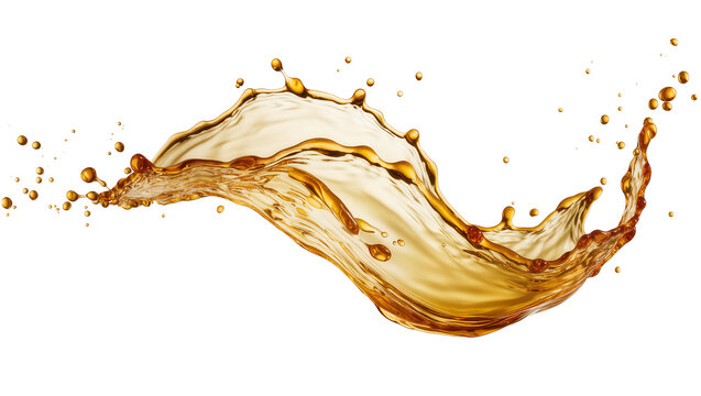 Amber liquid splash with droplets, isolated on transparent background