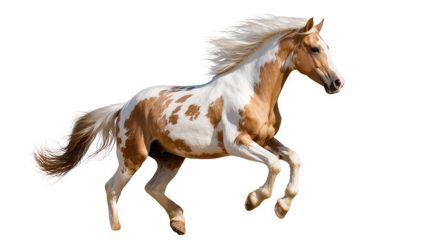 Brown and white paint horse galloping with flowing mane, isolated on transparent background