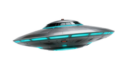 Futuristic metallic flying saucer with glowing blue lights, isolated on transparent background © Mia