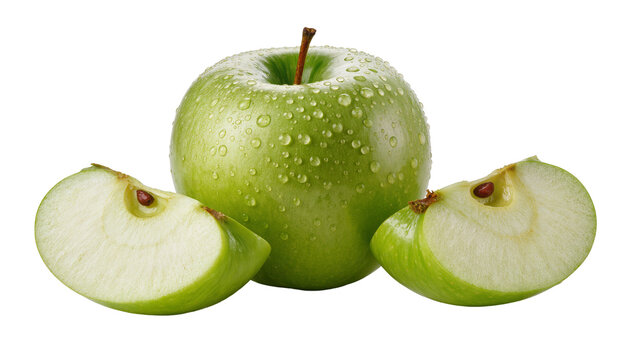 Fresh green apple with water droplets and two slices, isolated on transparent background