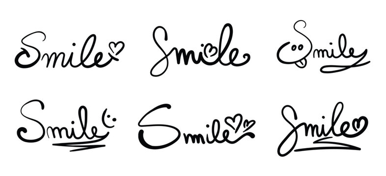 Smile Text Calligraphy Vector Set. Smile Word hand written script lettering icon. Hand draw happy smile icons set with heart and happy face for tshirt, packaging, modern merchandise