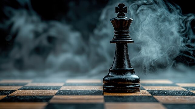 Dramatic chess king on chessboard with smoke background strategic concept.