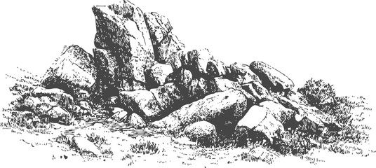 Obraz premium Rocky landscape with large boulders and sparse vegetation in natural outdoor setting