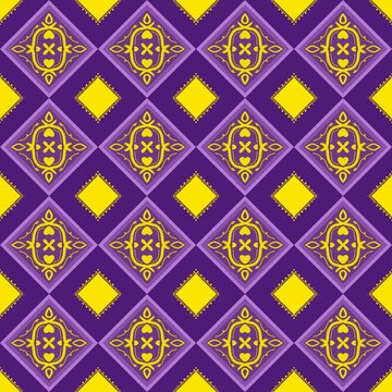 Seamless geometric diamond tile pattern with vintage moroccan damask medallion in purple and yellow