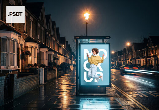 England urban style, City night scene bus stop poster mockup