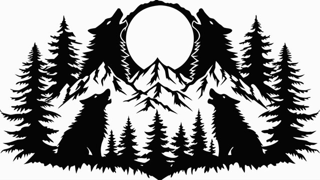 A black silhouette vector graphic of wolves howling at the moon in a forest
