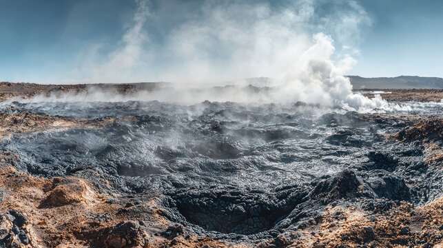 Geothermal area with boiling mud pool and steam in Icelands landscape.