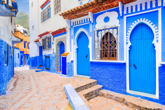 Chefchaouen, Morocco. Blue staircase and decorated walls, typical Medina in North Africa.