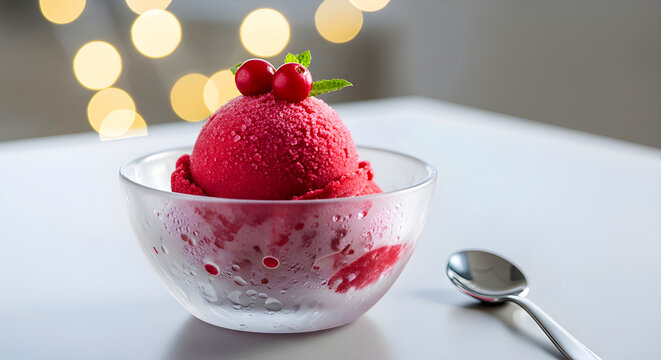 Strawberry Ice Cream Scoop with Fresh Cherry Garnish on Minimal Table &mdash; Es Krim Stroberi dengan Hiasan Ceri di Meja Minimalis
