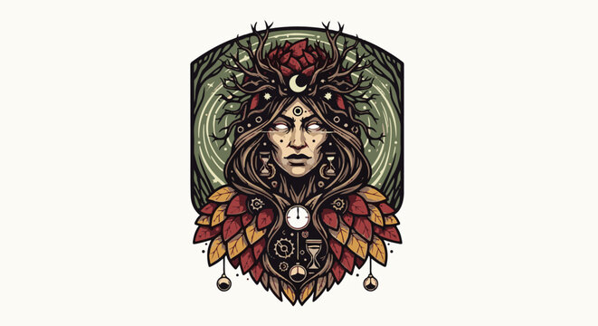 Mystical figure with antlers and foliage, adorned with moon and hourglass symbols