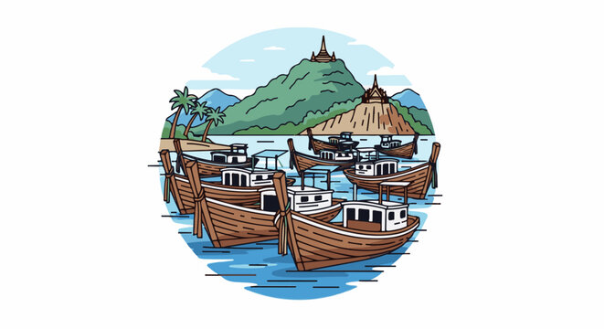 Numerous wooden boats bob on calm blue water with a lush green mountain in the background