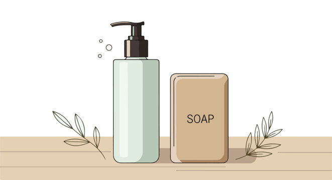 Minimalist depiction of liquid soap dispenser and bar soap with delicate botanical elements