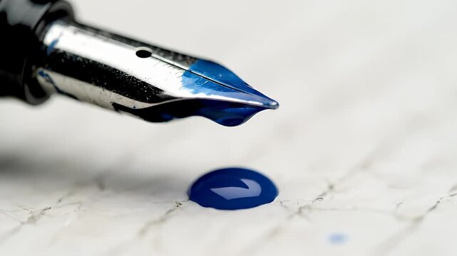 Macro close-up of fountain pen nib with blue ink drop