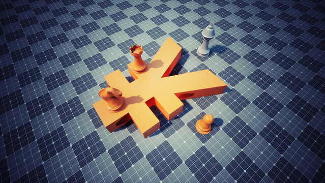Chess pieces standing on coins and monetary symbols in finance and economics renminbi