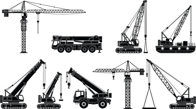 Construction crane and heavy lifting equipment silhouette set including tower crane mobile crane crawler crane truck crane isolated industrial machinery collection for engineering projects