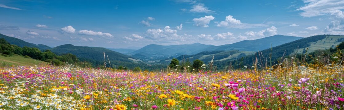 Vibrant wildflower meadow in mountain valley under clear blue sky. Panoramic landscape view of summer countryside with colorful flowers. Nature scenery for travel and environment concept.
