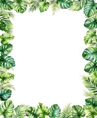 Fototapeta premium Tropical leaf frame with watercolor monstera and palm foliage. Green plant border with white center for invitation card design. Exotic botanical element for greeting card decoration.