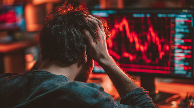Worried investor holds his head in his hands, watching market crash financial data with decline chart and losses in the stock market. , He is sad because stocks or crypto is losing value.