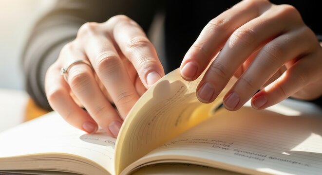 Engaged hands gracefully turn the crisp pages of an open book, reflecting a moment of focused reading and quiet contemplation under clear, bright light