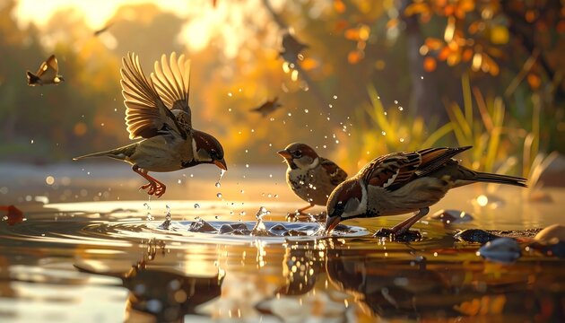 Birds gather at serene water's edge at sunset