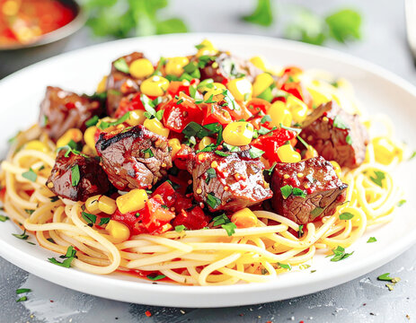 Beef chunks with chipotle corn salsa on spaghetti, white plate. AI