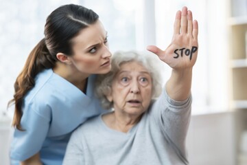 Fototapeta premium Frightened Senior Woman Protests Against Threatening Caregiver with STOP