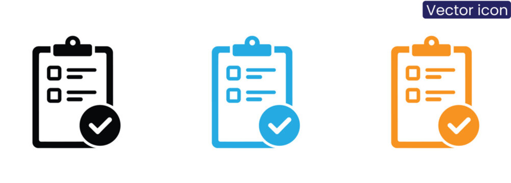 Vector icons of checklists in black, blue, and orange on a clean white background, suitable for business, productivity, and design projects