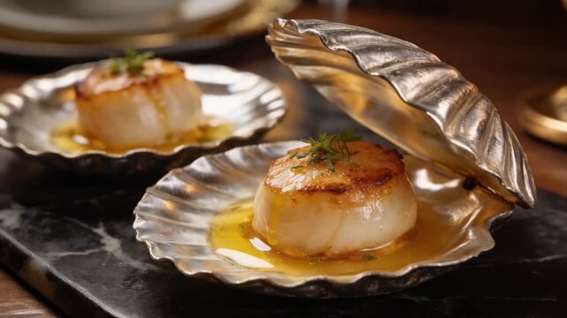Elegant fine dining seared scallops served in shell with butter sauce and herbs, presented artistically in a luxurious gourmet restaurant setting.