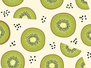 Fototapeta premium Vibrant pattern of sliced kiwi fruit and black seeds on a cream background