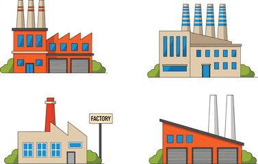 Obraz premium Industrial factory buildings flat vector set, manufacturing plants with chimneys, production facilities, urban industry infrastructure, engineering and power generation illustration collection