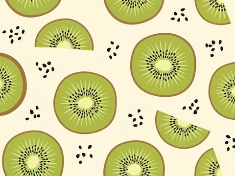 Vibrant pattern of sliced kiwi fruit and black seeds on a cream background