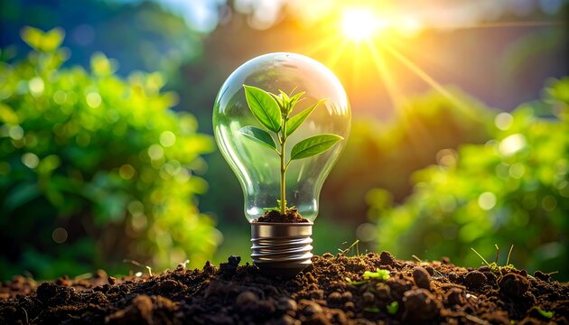 A lightbulb with a plant growing inside on soil (1)