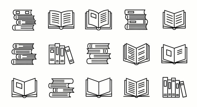 Collection of Book Icons: Open and Closed Books, Stacks, and Individual Volumes