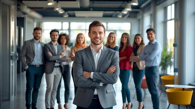Confident man in grey blazer standing with arms crossed in front of diverse group of business colleagues in office hallway