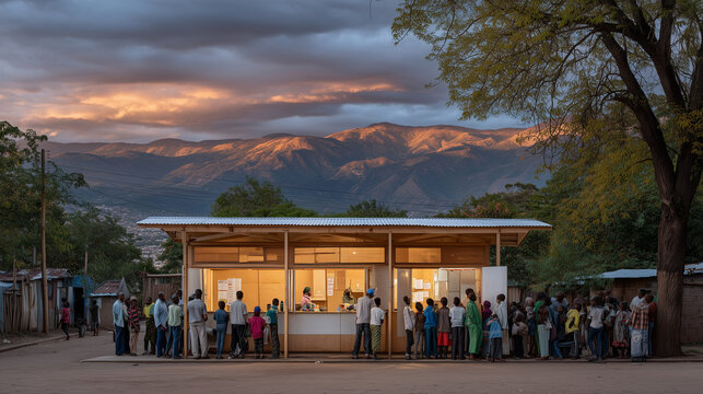 Wide establishing shot of underprivileged neighborhood with mobile banking kiosk serving long line of residents under makeshift canopy, financial access bridging socioeconomic gaps, ideal for inclus