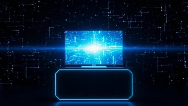 High-tech Digital Tv Emitting Bright Blue Glowing Data Visualization Patterns Standing On Dark Cabinet In Futuristic Dark Room For Technology Presentations Sci-fi Visual Media