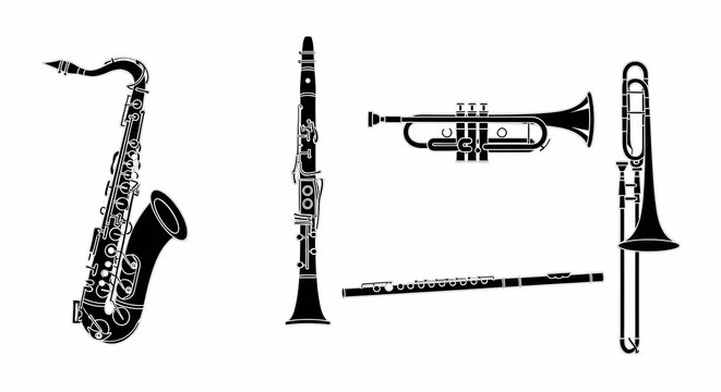 Collection of Black Silhouettes of Musical Instruments: Saxophone, Clarinet, Trumpet, Flute, Trombone