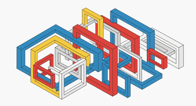 Abstract geometric shapes in red blue and yellow interlocking.