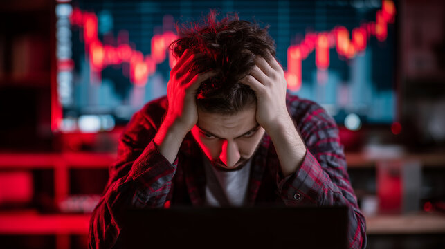 Worried investor holds his head in his hands, watching market crash financial data with decline chart and losses in the stock market. , He is sad because stocks or crypto is losing value.