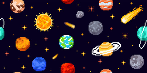 A seamless pixel space background with colorful planets, the sun, the moon, asteroids, and stars. © sabelskaya