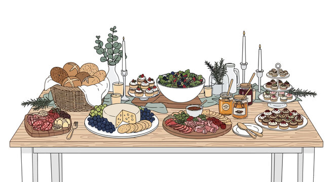 Elegant Charcuterie Board and Appetizer Spread on Wooden Table