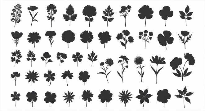 Collection of Black Floral Silhouettes: Botanical Icons for Design