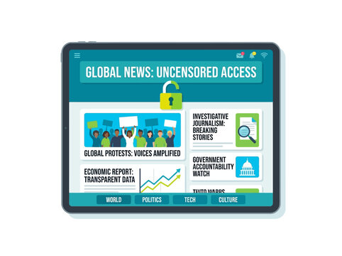 Digital screen displaying global uncensored news, investigative journalism, protests, and economic reports, symbolizing information freedom.