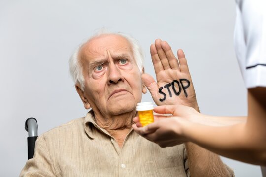 Senior Man Refuses Medication, Showing STOP Hand to Nurse