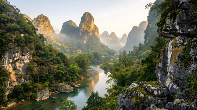 Karst peak forest and river valley shrouded in morning mist with clear water and lush greenery