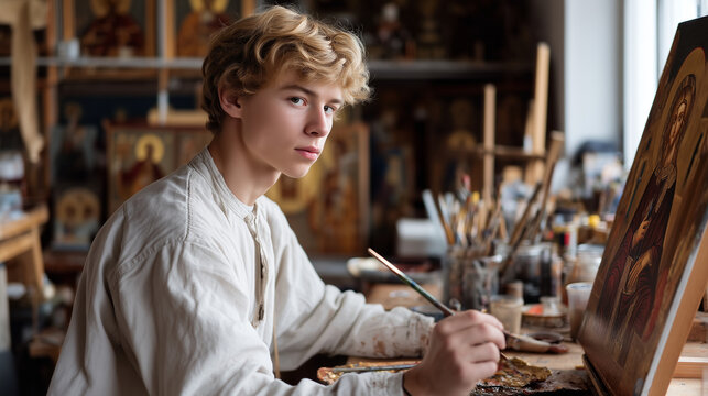 Orthodox icon painter apprentice learning Byzantine technique from master artist in studio filled with gold leaf and tempera paints, religious imagery taking shape on wooden panels, ideal for sacred