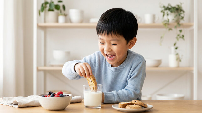 Asian boy happily dipping a cookie in milk in a cozy kitchen
