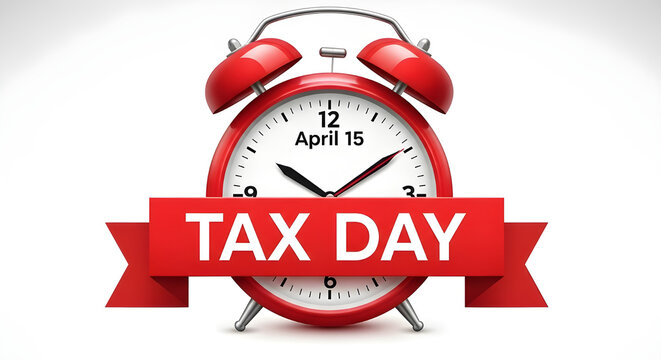 A civic poster with red alarm clock showing April 15 and bold Tax Day ribbon banner template, generated by AI.